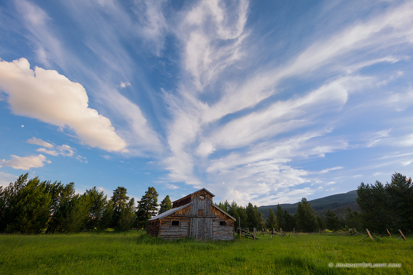 Landscape photograph of an old rustic barn at sunset in Rocky Mountain National Park, Colorado. - Colorado Picture