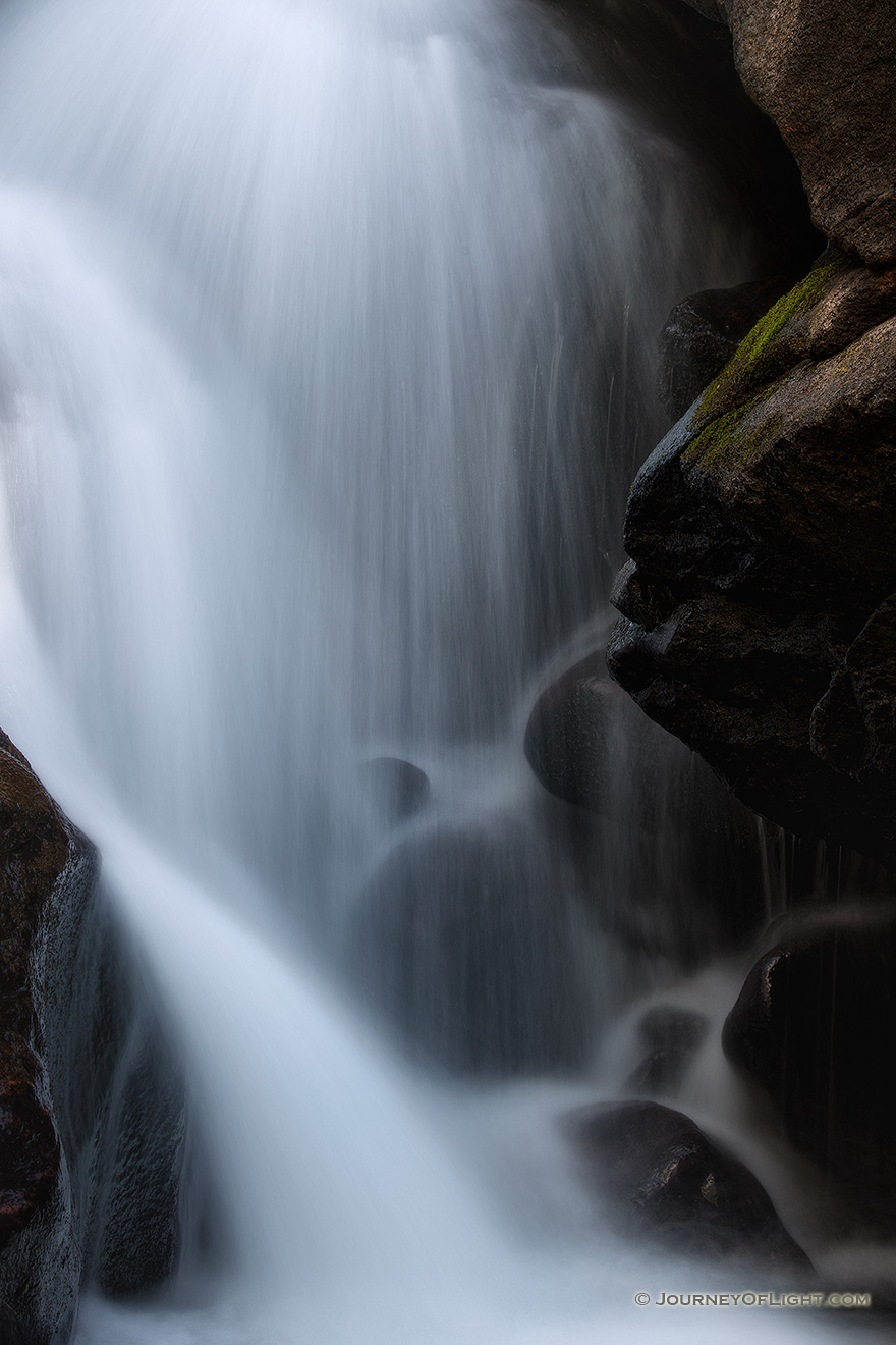 Water flows over the rocks at Cascade Falls on the North Inlet Stream in Rocky Mountain National Park, Colorado. - Colorado Photography