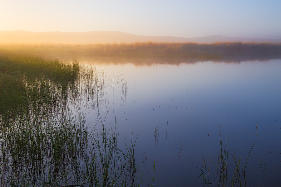The glow of the morning sun illuminates a small pond in Crescent Lake National Wildlife Refuge in western Nebraska. - Nebraska Photography