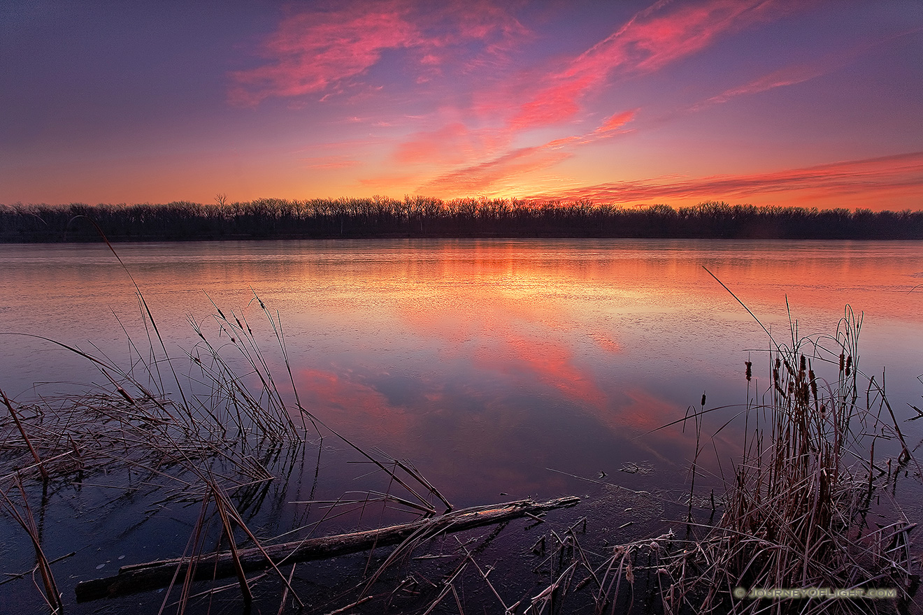 Sunrise on a chilly late November morning in DeSoto National Wildlife Refuge.  That morning frost clung to the cattails and logs and the lake had a slight layer of ice that had formed overnight which reflected the light of the rising sun. - DeSoto Picture