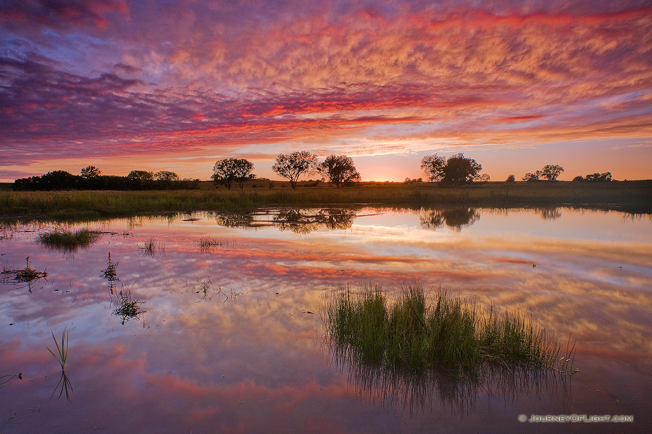 An intense autumn sunset is reflected in the Frank Shoemaker Marsh near Lincoln, Nebraska. - Nebraska Picture